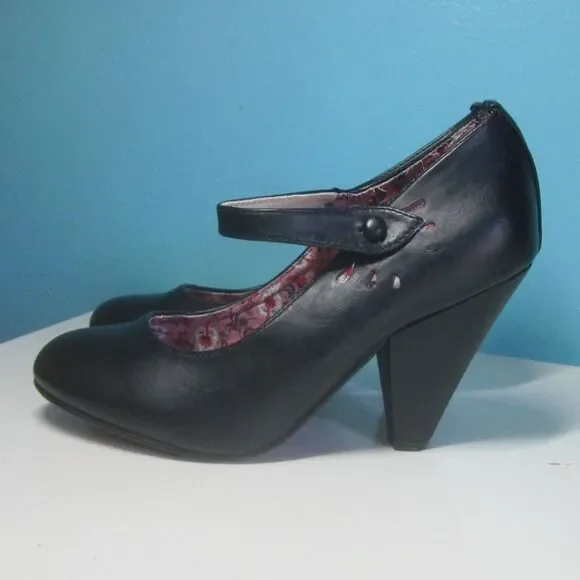 Bettie Page Shoes by Ellie Women Size 7 Black Leather Mary Jane Strap 3.5" Heels - Picture 1 of 15